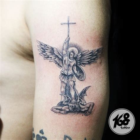 St Michael Tattoo Black And Grey Inner Arm Tattoos Arm Tattoos For