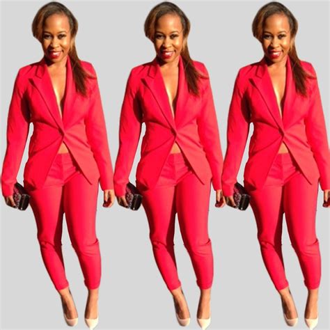 2016 Ol Style Women Hot Red 2 Piece Suit Slim Blazer And Pants Office