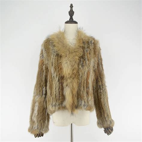Womens Natural Fur Coat Real Rabbit Fur Knitted Long Sleeve Fur Jacket