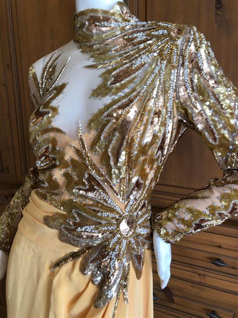 Bob Mackie 80s Sheer Illusion Gold Bugle Bead Sequin Embellished Evening Dress For Sale At
