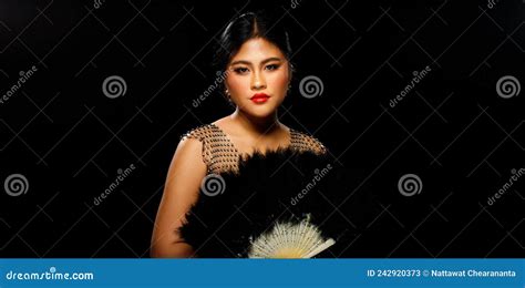 Asian S Woman Chubby Wear Black Fur Jacket Red Lips And Freckles Over