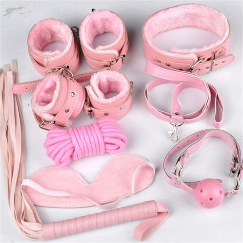 Sex Products 7 Pcs Set Pink Leather Bdsm Set Bondage Whip Collar Eye Mask Adult Game Sex Toys