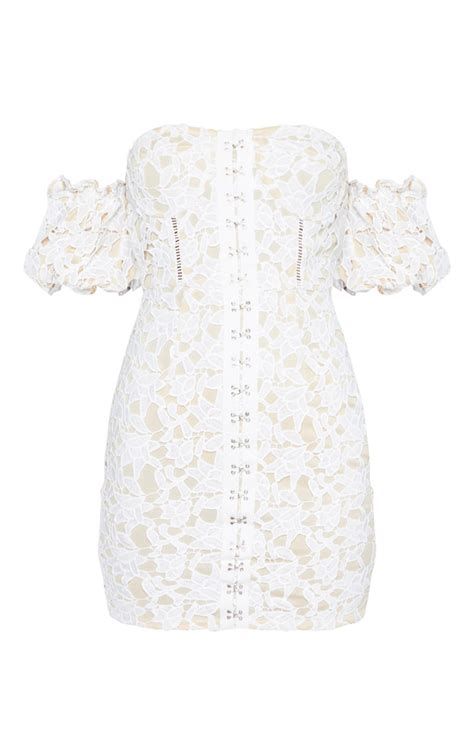 White Lace Puff Sleeve Hook And Eye Bodycon Dress Prettylittlething Usa