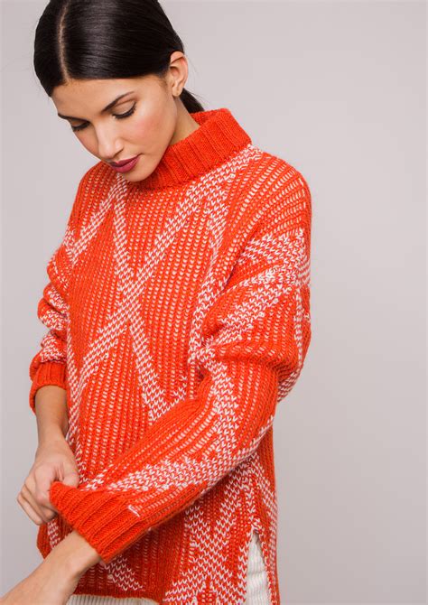 Orange Knit Sweater With Diamond Pattern