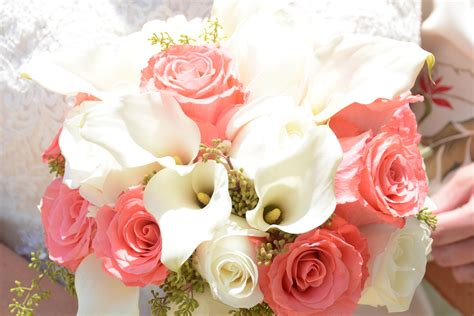 Hawaii Wedding Flowers Coral White Calla Lily Rose Bouquet