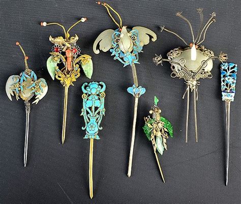 A Set Of Chinese Jade And Enamel Hair Pins Qing Including Seven Hair