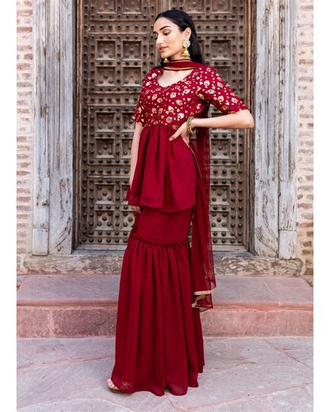 Maroon Flared Sharara Set Of Three By Empress Pitara The Secret Label