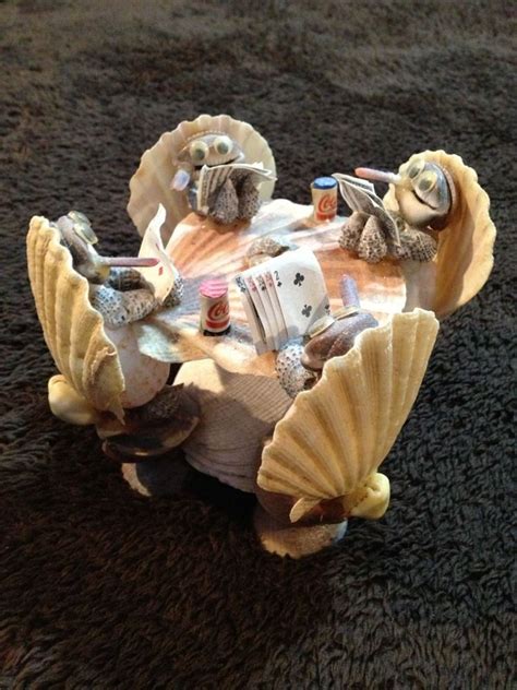 Made of white sculpture clay. Handmade Sea Shell Sculpture Clams Playing Poker Seashell ...