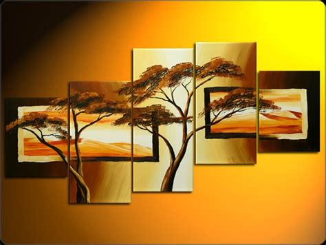 Hand Painted Tree Oil Painting With Stretched Frame Set Of 5 Wall