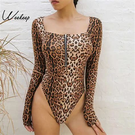 Weekeep Bodycon Leopard Long Sleeve Bodysuit Women High Street Sexy Square Collar Zipper