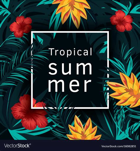 Tropical Poster With Tropical Leaves And Flowers Vector Image