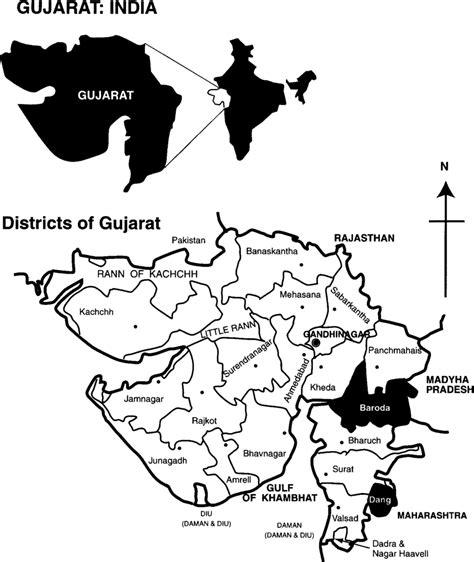 Map of Gujarat state, shown as a part of India, with the area of study