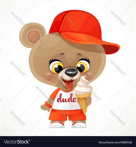 Cute Cartoon Teddy Bear In A Cap Eating Ice Cream Vector Image
