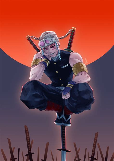 An Anime Character Sitting On Top Of A Pole With Swords In His Hands
