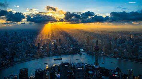 Beautiful Shanghai Cityscape Sunrise Aerial View City
