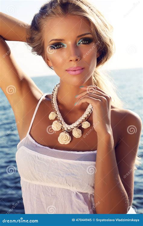 Portrait Of Beautiful Blond Girl With Bright Makeup Posing On Beach Stock Image Image Of Hair