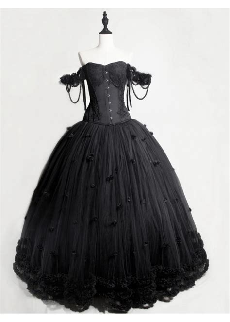 Black Gothic Flower Off The Shoulder Corset Prom Long Dress D D