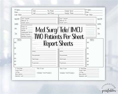 two patient nursing report sheet med surg tele rn lpn bedside shift report sheet printable