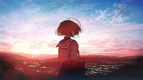 Desktop Wallpaper Anime Girl Sunset Outdoor Art Hd Image Picture Background Effce5