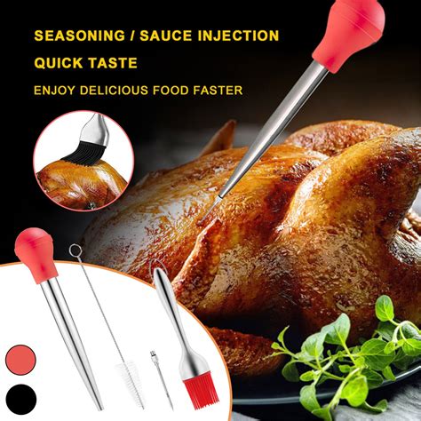 turkey baster set with silicone bulb stainless steel syringe needles cleaning brush bbq barbecue