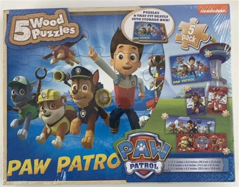 Nwt ~ Nickelodeon Paw Patrol 5 Pack Wood Puzzles W Storage Box 80