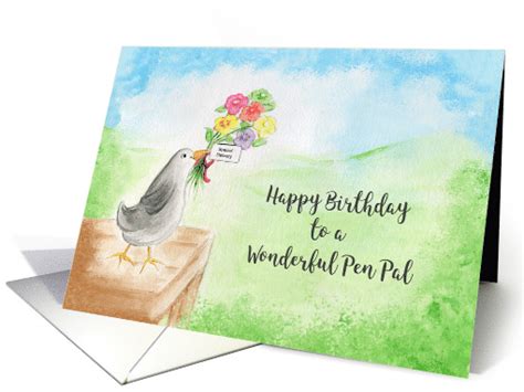 Happy Birthday Wonderful Pen Pal Bird With Flowers Card 1569042