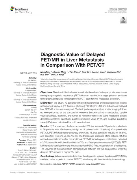 Pdf Diagnostic Value Of Delayed Petmr In Liver Metastasis In