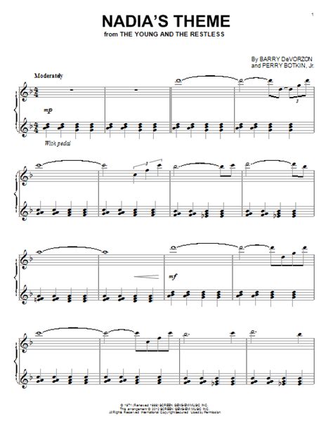 Nadia S Theme Sheet Music Perry Botkin Jr Piano Solo