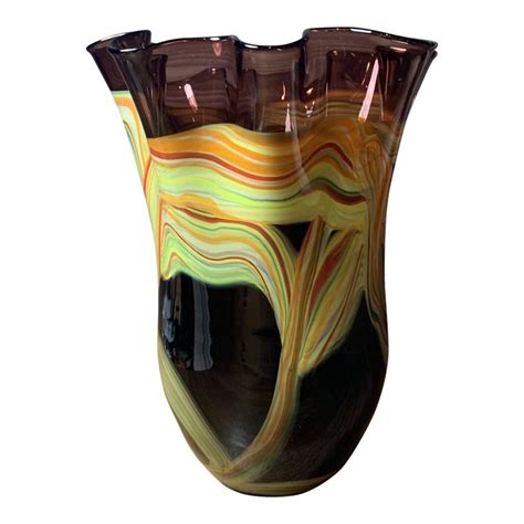 Murano Hand Blown Multicolor Swirls Amethyst Ruffle Art Glass Vase Chairish Art Glass Vase