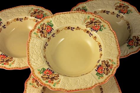 Rim Soup Bowls Myott Staffordshire Embossed Grapes Flowers And