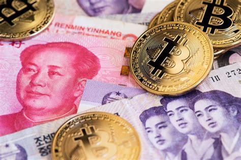 Bitcoin Cryptocurrency Münzen Auf Währung Chinas Yuan Renminbi Und