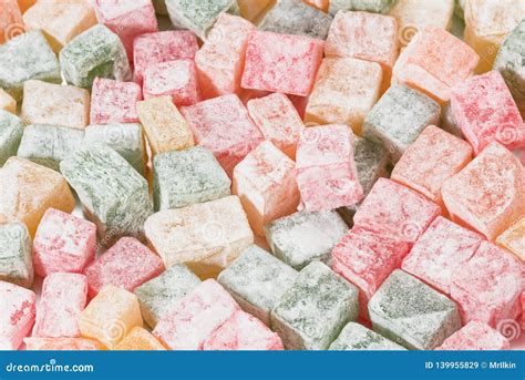 Pieces Of Multicolored Turkish Delight In Powdered Sugar Stock Image