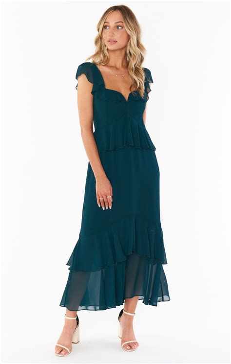 Reese Ruffle Dress ~ Emerald Chiffon Formal Dresses With Sleeves Satin Ruffle Dress Printed