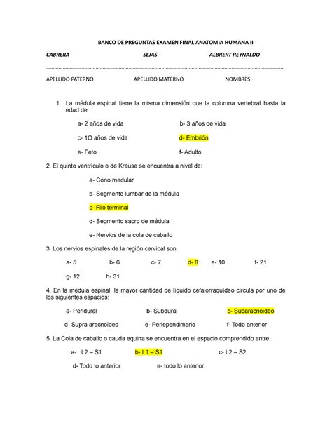 Banco DE Preguntas 1 Parcial Anatomia II Udabol A BANCO DE PREGUNTAS
