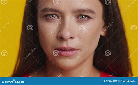 Woman Crying Having Tears Falling Down Her Cheek Yellow Background Stock Footage Video Of