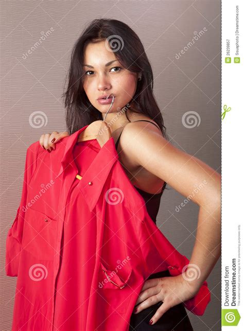 Girl Which Tries On Red Shirt In Shop Stock Image Image Of Formal