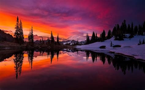 Lake Sunset Mountain Forest Sky Water Snow Reflection Trees Clouds