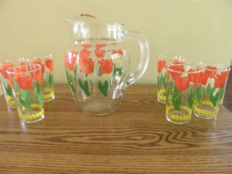 Federal Glass Tulip Pitcher And Glasses Vintage Glassware Pitcher