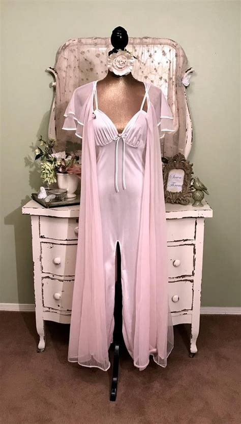 Long Pink Nightie And Robe Set Sheer Chiffon Nightgown Set M Etsy Night Gown Nighty