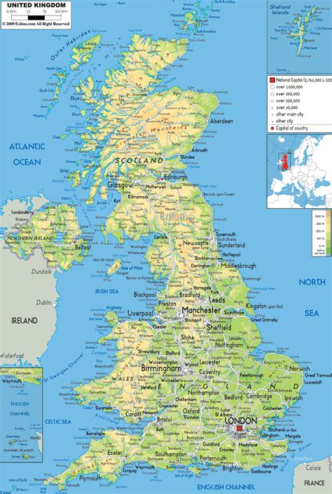 Large Physical Map Of United Kingdom With Roads Cities And Airports