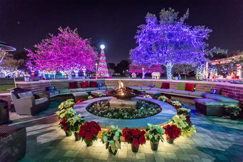 An Outdoor Fire Pit Surrounded By Flowers And Trees With Purple Lights
