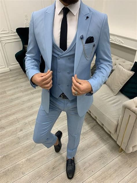 Men Suits Sky Blue Piece Slim Fit Two Button Wedding Groom Etsy