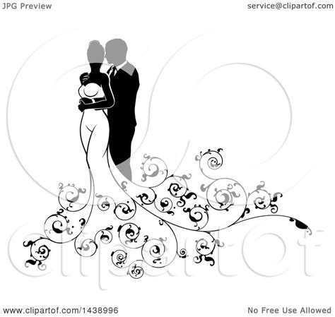 Clipart Of A Black And White Silhouetted Posing Wedding Couple With