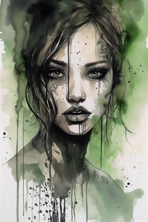 A Watercolor Painting Of A Womans Face With Green Paint Splattered On It