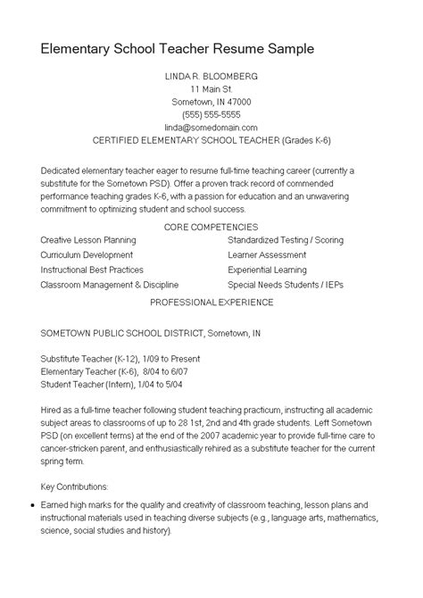 Elementary Education Teacher Resume Sample Templates At