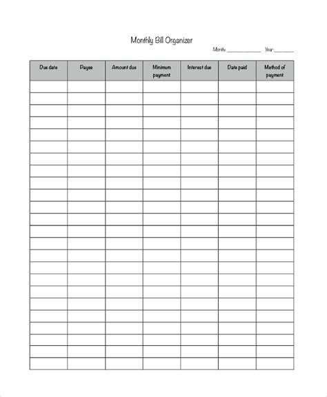 Remembering bill due dates is easy with a system for noting what needs to be paid and whether you've done with these free printable bill calendars. FREE 9+ Sample Bill Organizer in PDF | MS Word | Excel