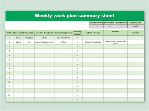 EXCEL Of Weekly Work Plan Summary Xlsx WPS Free Templates