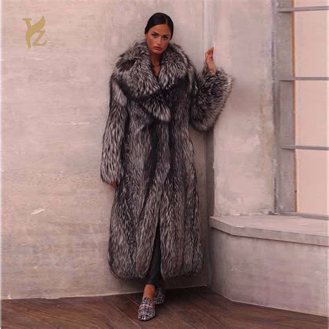 Luxurious X Long Silver Fox Fur Coat Full Pelt Fox Fur Jackes For Women