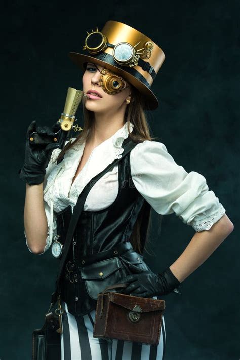 Close Up Portrait Of A Beautiful Girl Steampunk Hat And Eyecup Stock