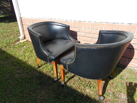 Chairs with casters dining #singlechairwithottoman info: Pair of 70s Vintage Mid Century Black Faux Leather Barrel ...